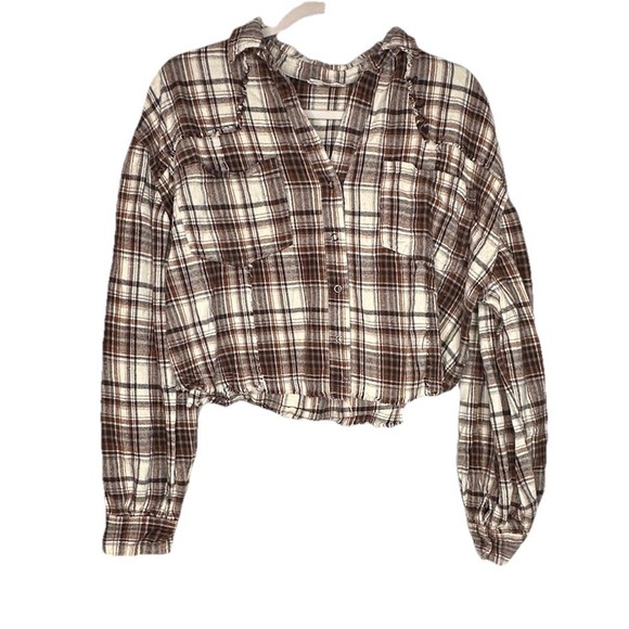 Altar'd State Tops - Altar'd State Women's Brown Plaid Flannel Cropped Shirt Top XL Raw Hem Western
